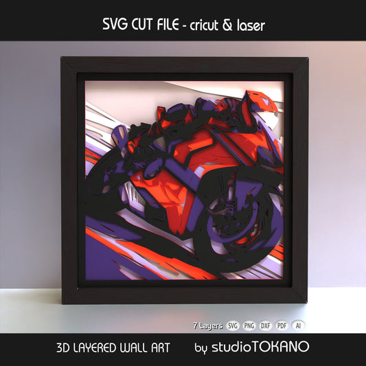 Motorcycle shadow box SVG shown as finished 3D layered papercut wall art in cardstock for Cricut and laser cutting.