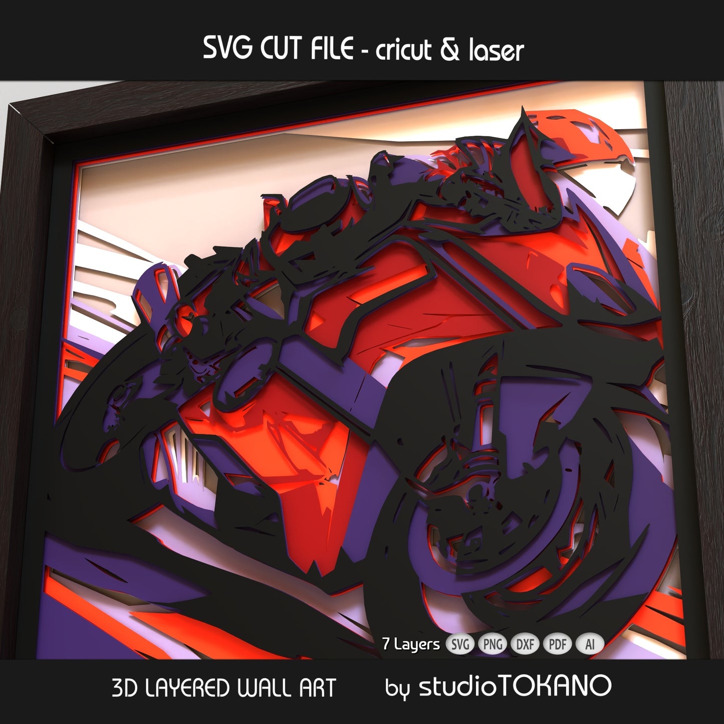 Close-up of the Motorcycle papercut design showing clean cut lines, layered detail, and dimensional shadow box depth.