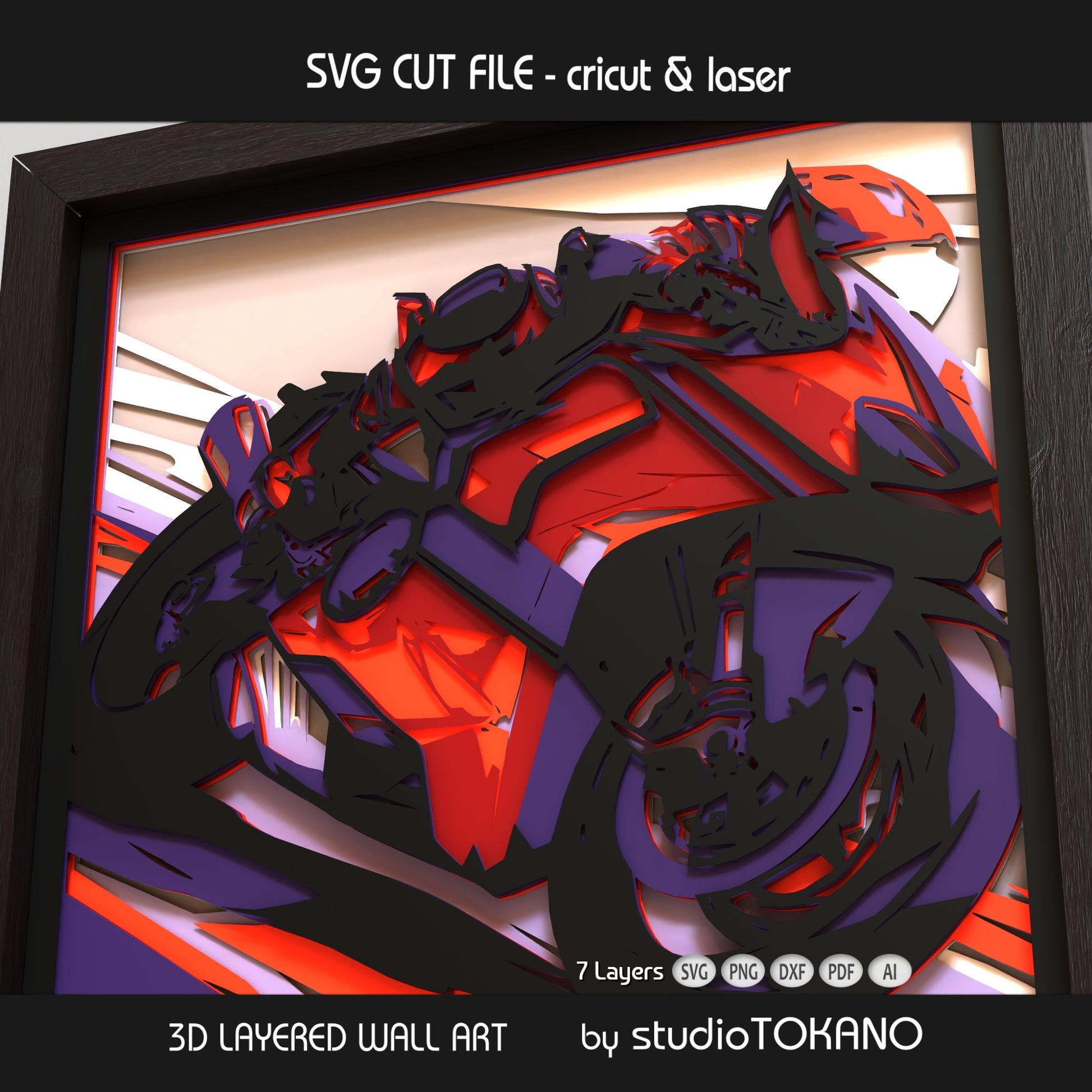 Close-up of the Motorcycle papercut design showing clean cut lines, layered detail, and dimensional shadow box depth.