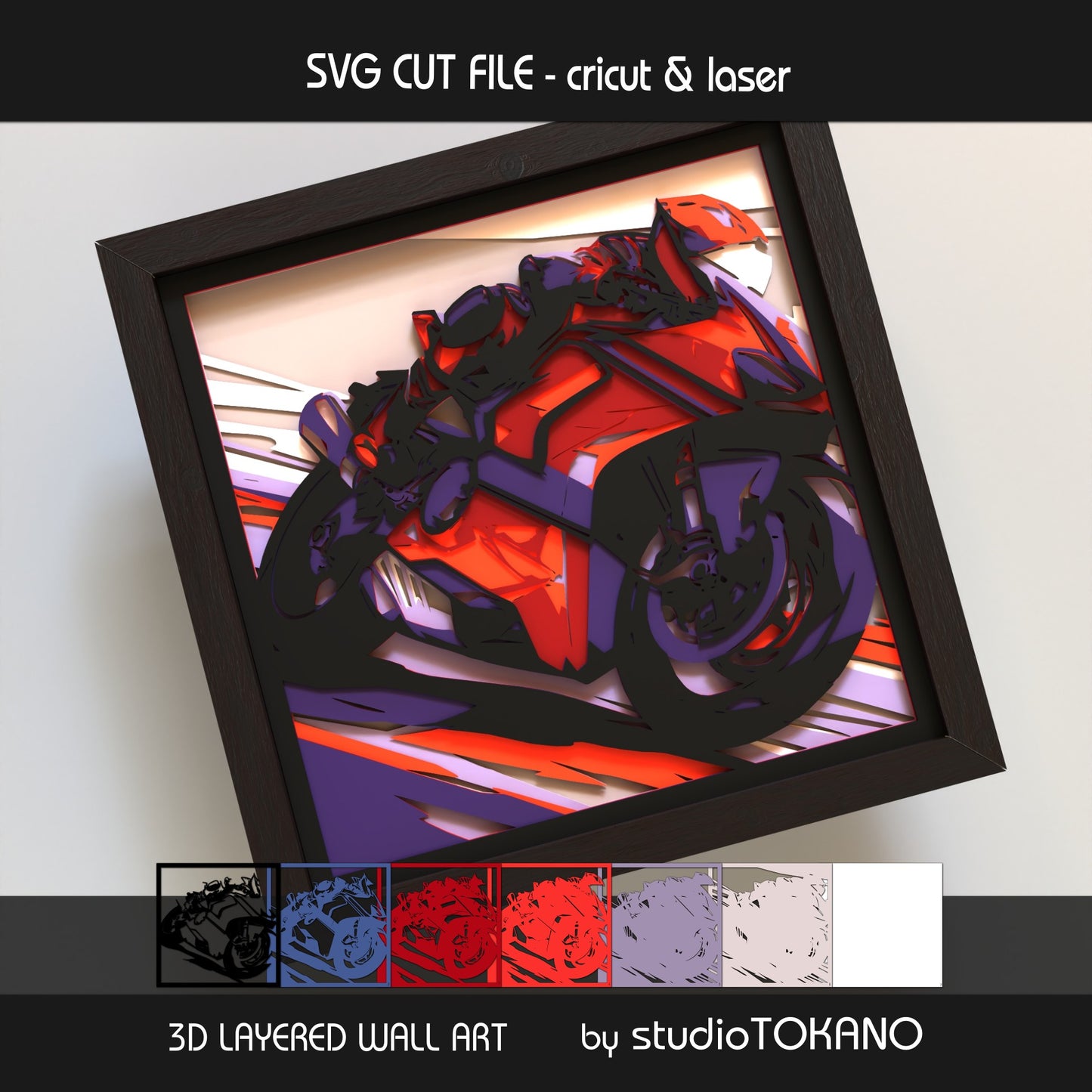 Motorcycle shadow box SVG with all layers separated to show the multilayer papercut build and file structure.