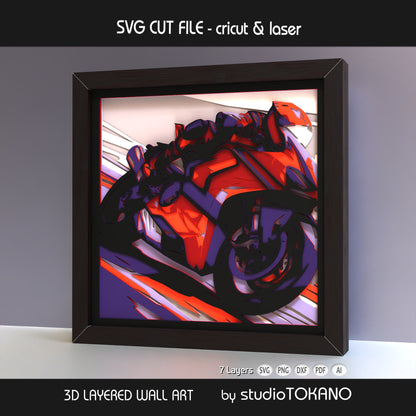 Angled view of the Motorcycle layered SVG shadow box showing depth, stacked cardstock layers, and strong 3D detail.