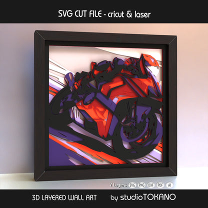 Side view of the Motorcycle shadow box SVG highlighting the depth and spacing between the layered cardstock pieces.