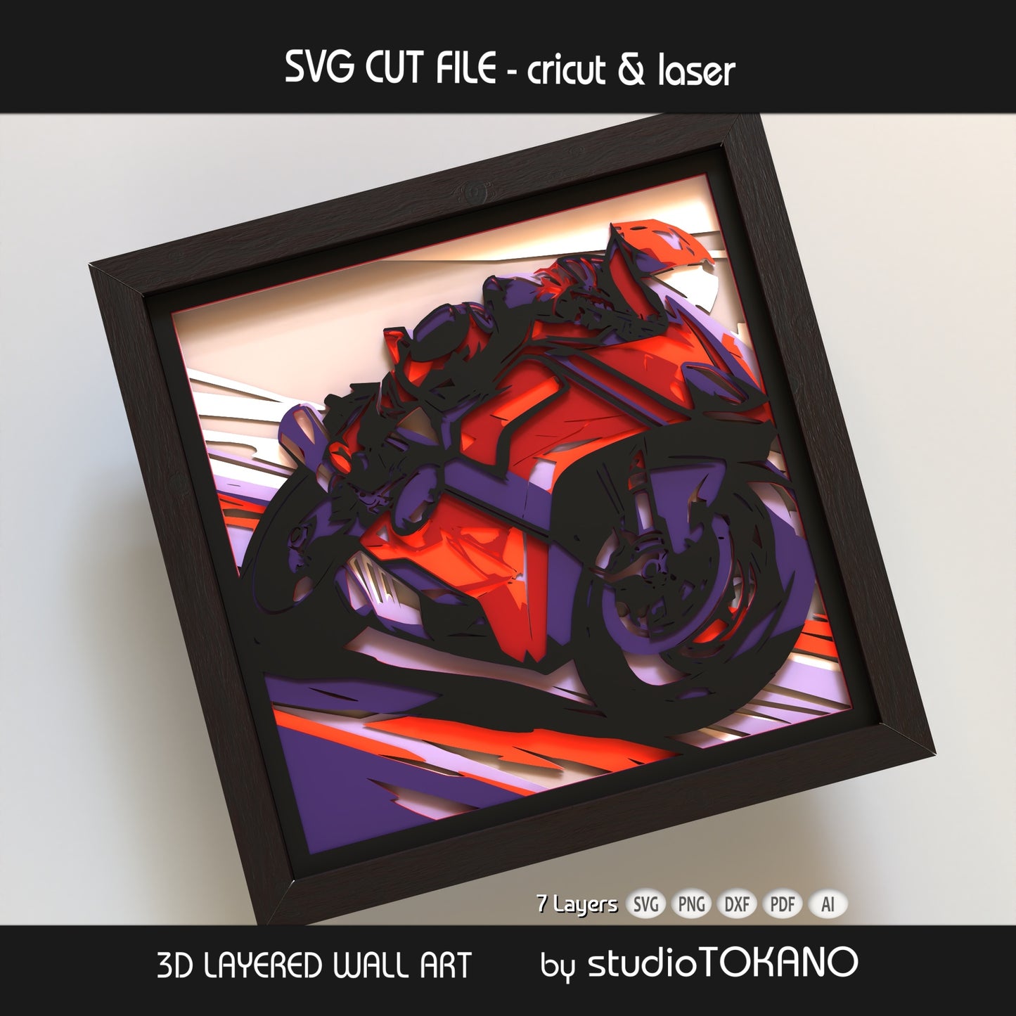Finished Motorcycle 3D layered wall art in cardstock, shown as a shadow box file for Cricut, Glowforge, xTool, and other laser cutters.