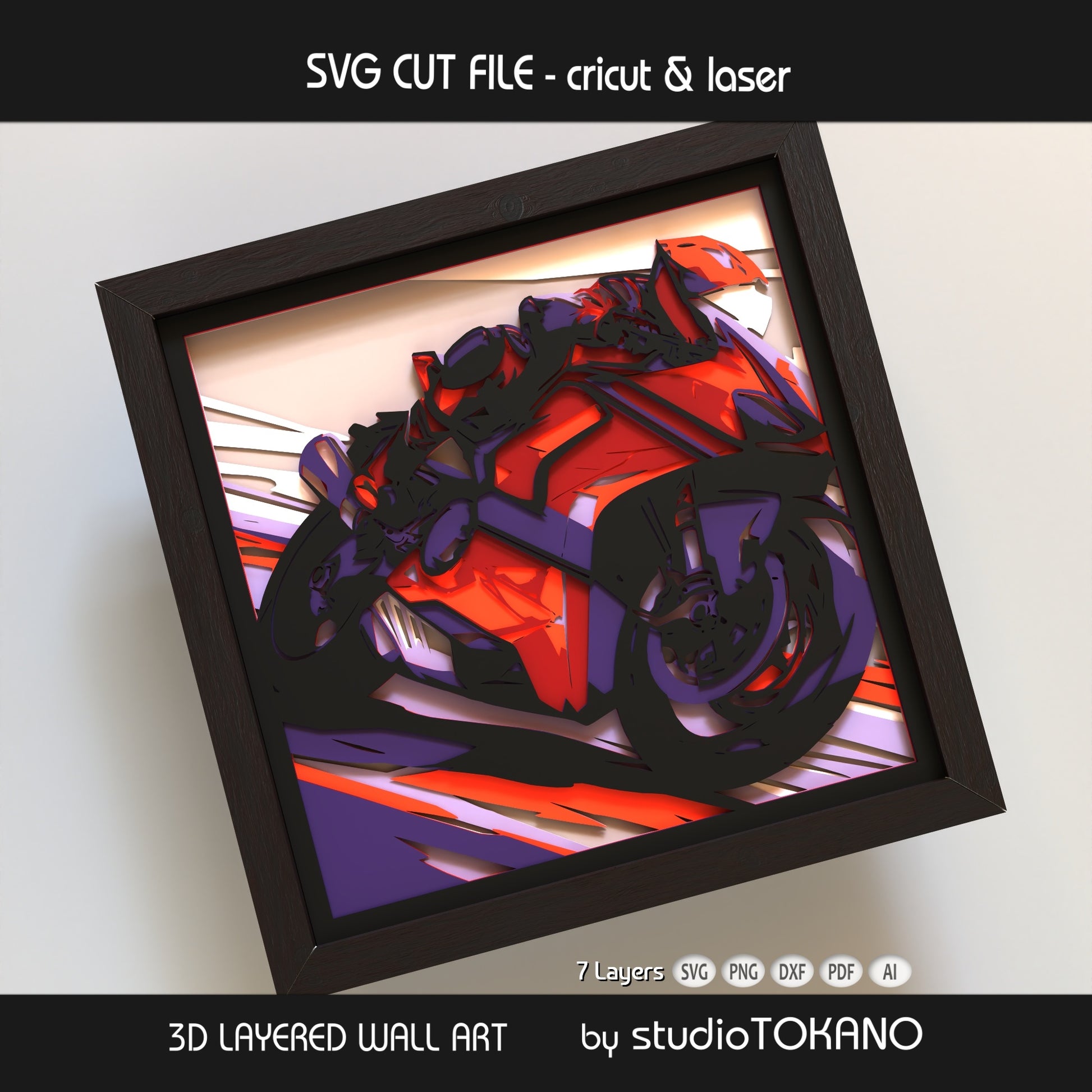 Finished Motorcycle 3D layered wall art in cardstock, shown as a shadow box file for Cricut, Glowforge, xTool, and other laser cutters.