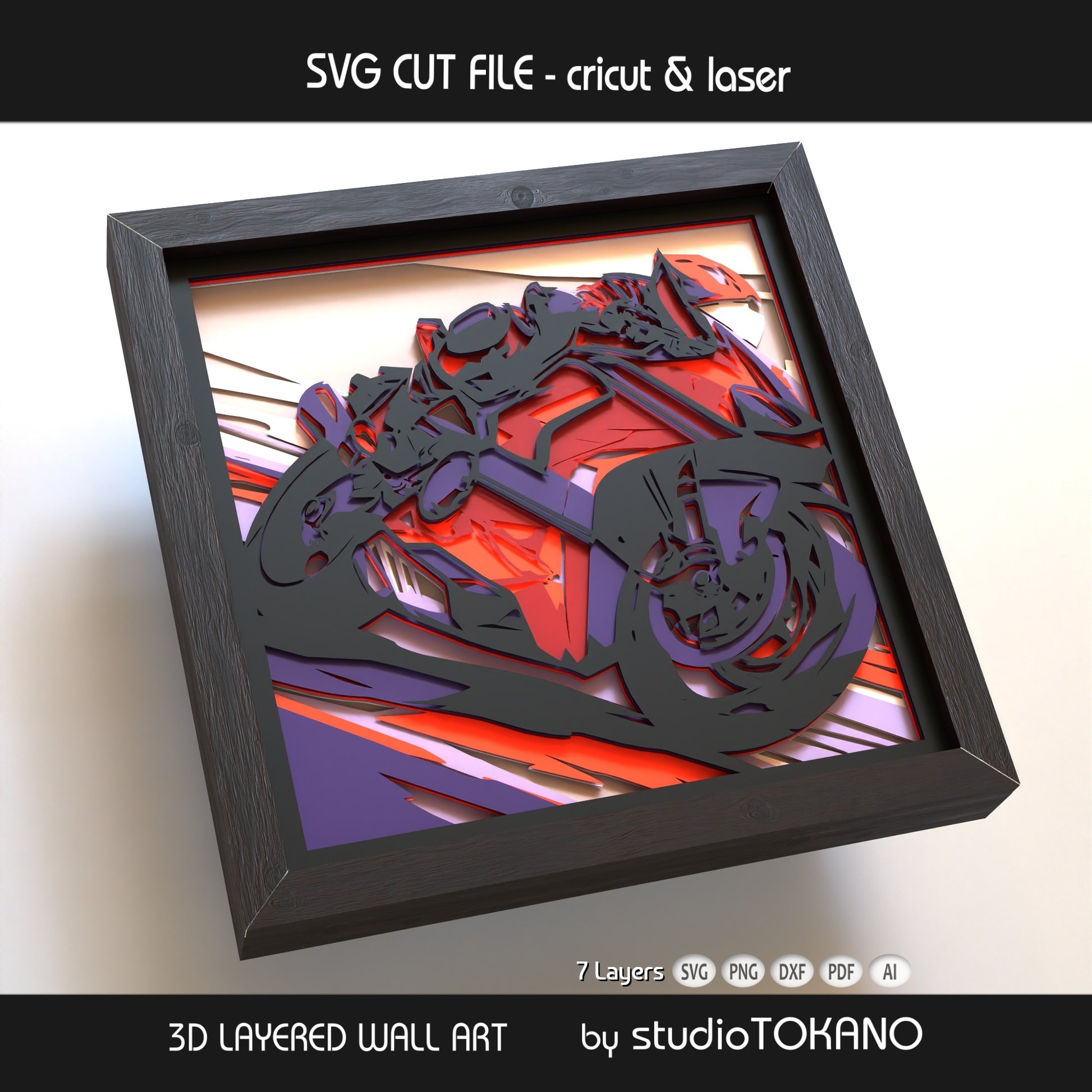 Motorcycle digital download with JPG color guide and layered cut file formats including SVG, DXF, PDF, PNG, and AI.
