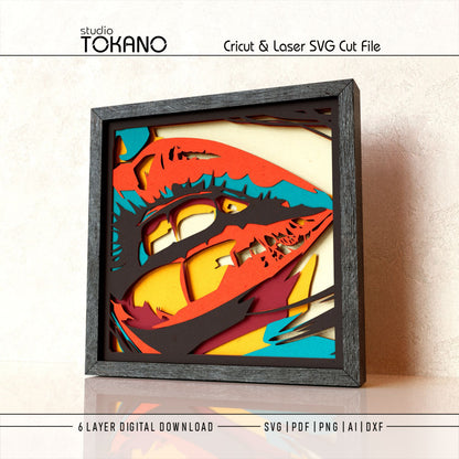 Bold mouth shadow box SVG design with red lips, colorful pop art layers, and a polished finished look in a black frame.