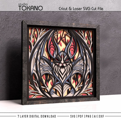 Gothic Bat Shadow Box SVG | 7-Layer Dark Wall Art