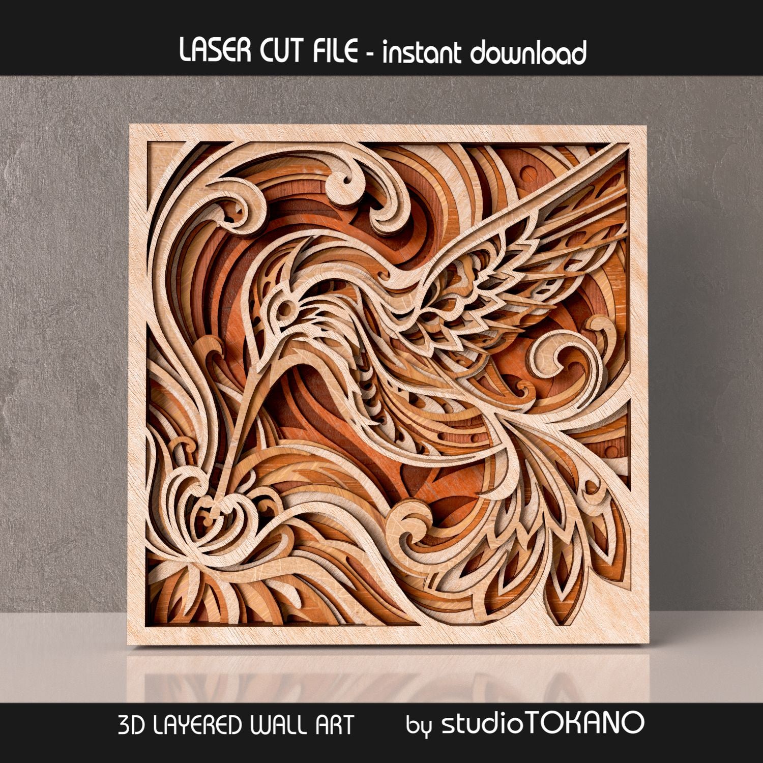 Multilayer hummingbird SVG rendered as 3D plywood wall art for Glowforge, xTool, LightBurn, and laser cutting projects.
