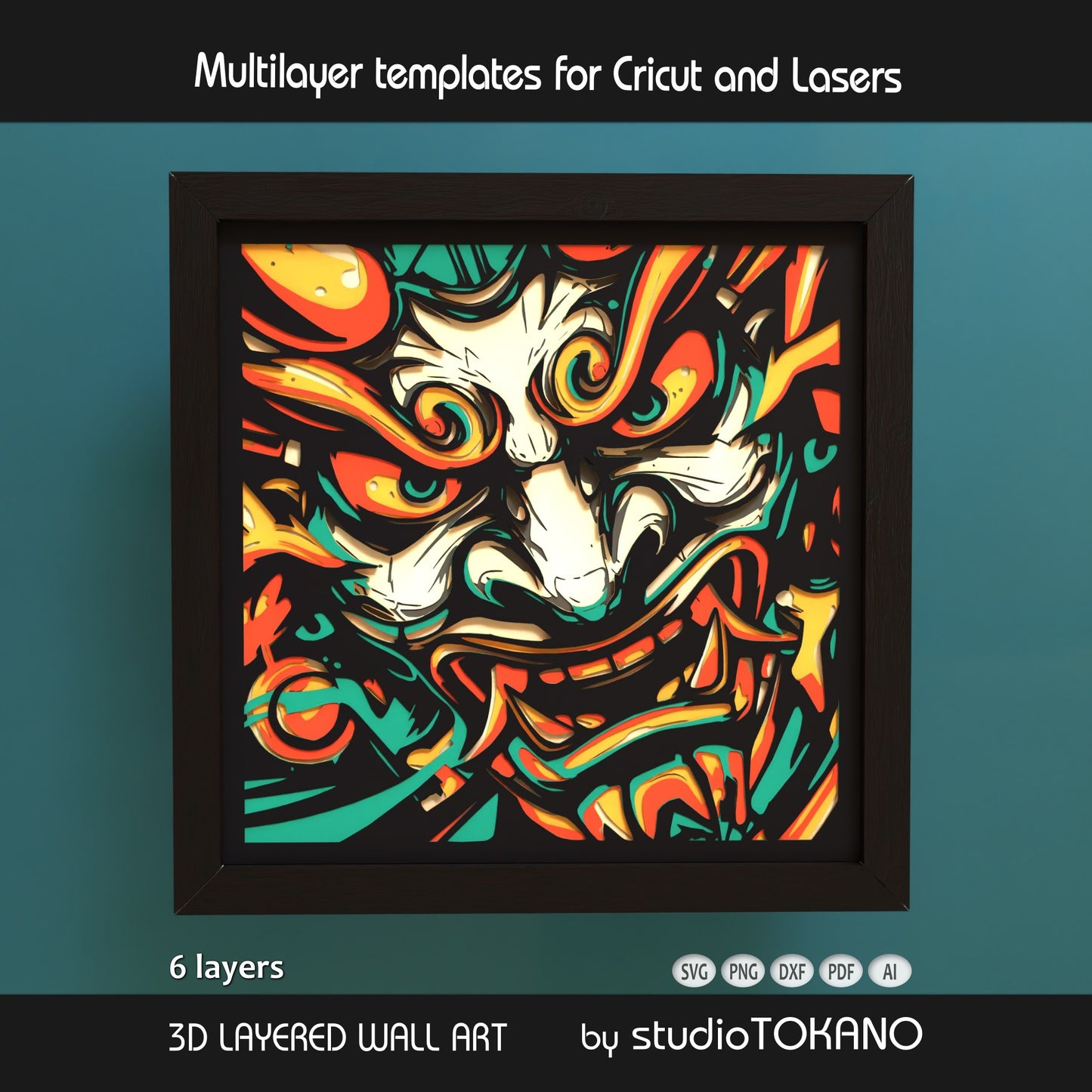 Oni Mask 3D layered shadow box art designed as a Cricut and laser cut file for Japanese-inspired wall decor.