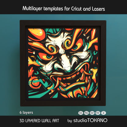 Oni Mask 3D layered shadow box art designed as a Cricut and laser cut file for Japanese-inspired wall decor.