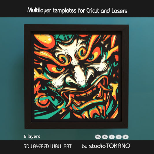 Oni Mask 3D layered shadow box art designed as a Cricut and laser cut file for Japanese-inspired wall decor.