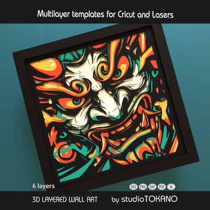 Close-up of the oni mask layered SVG design showing bold facial shapes, strong contrast, and stacked 6-layer construction.