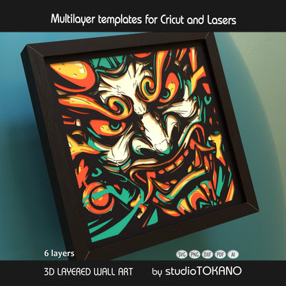 Framed oni mask layered wall art shown as a bold Japanese-inspired papercut design with strong 3D depth.