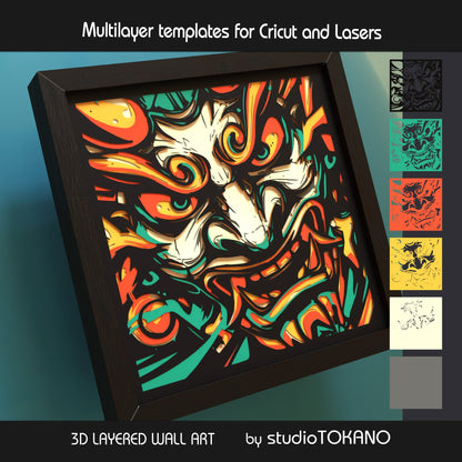 Oni Mask shadow box SVG layer guide showing the separate papercut layers and color arrangement for Cricut and laser cut assembly.