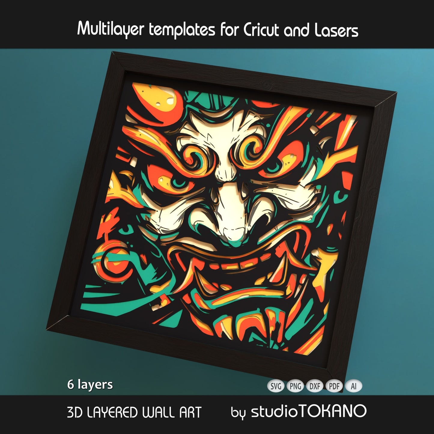 Side-angle view of the oni mask shadow box SVG showing clean cut edges, layered cardstock depth, and sharp papercut details.