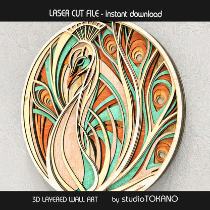 Peacock layered laser wall art with elegant bird details and colorful boho style, created as a digital SVG cut file for laser cutting.