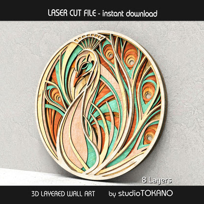 Layered peacock wall art SVG displayed in warm wood tones, featuring decorative bird details and a bold laser cut design.