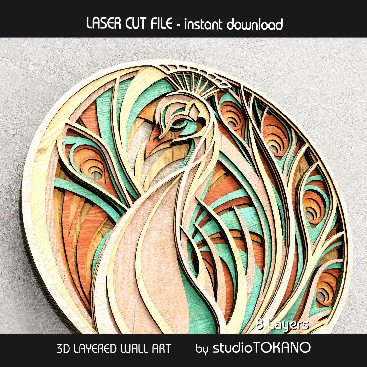 Close-up of the peacock laser cut file showing stacked wood layers, feather details, clean cut lines, and strong dimensional depth.