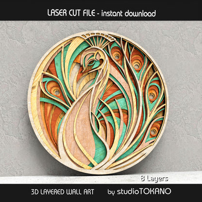 Peacock layered laser cut file shown as dimensional wooden wall art with sweeping feather details and boho-inspired style for Glowforge and xTool.