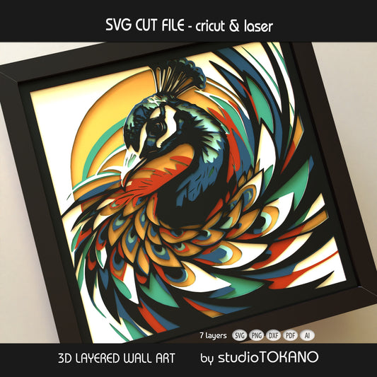 Peacock shadow box SVG shown as finished 7-layer 3D layered papercut wall art in cardstock for Cricut and laser cutting.