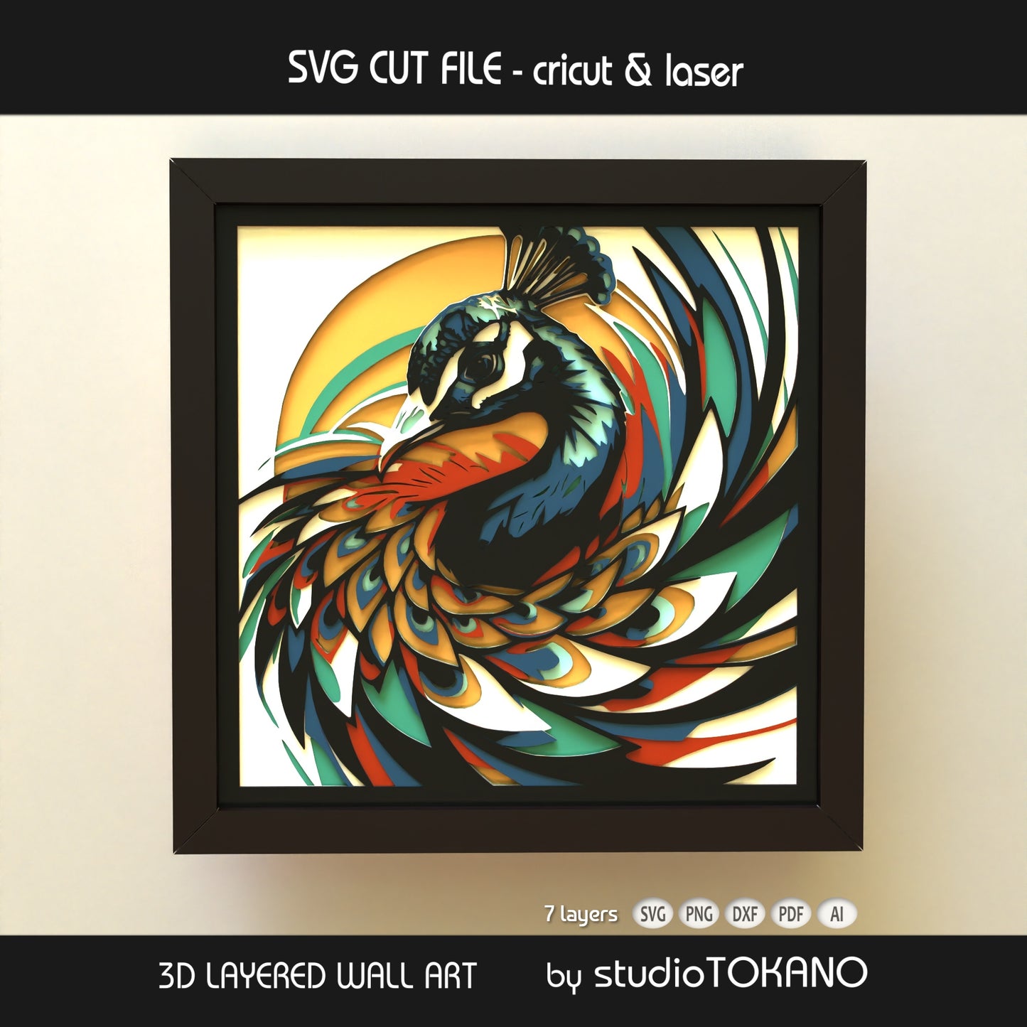 Bold Peacock layered SVG shadow box with colorful feather shapes, stacked cardstock layers, and dimensional 3D depth.