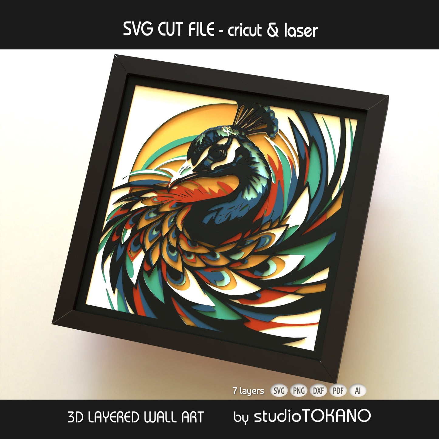 Peacock papercut SVG design shown as framed multilayer wall art, with vibrant bird details for Cricut, Glowforge, xTool, and laser cutters.