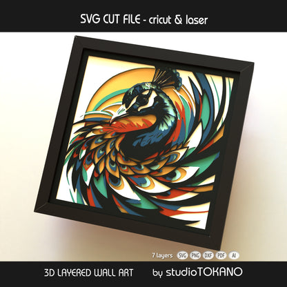Peacock papercut SVG design shown as framed multilayer wall art, with vibrant bird details for Cricut, Glowforge, xTool, and laser cutters.