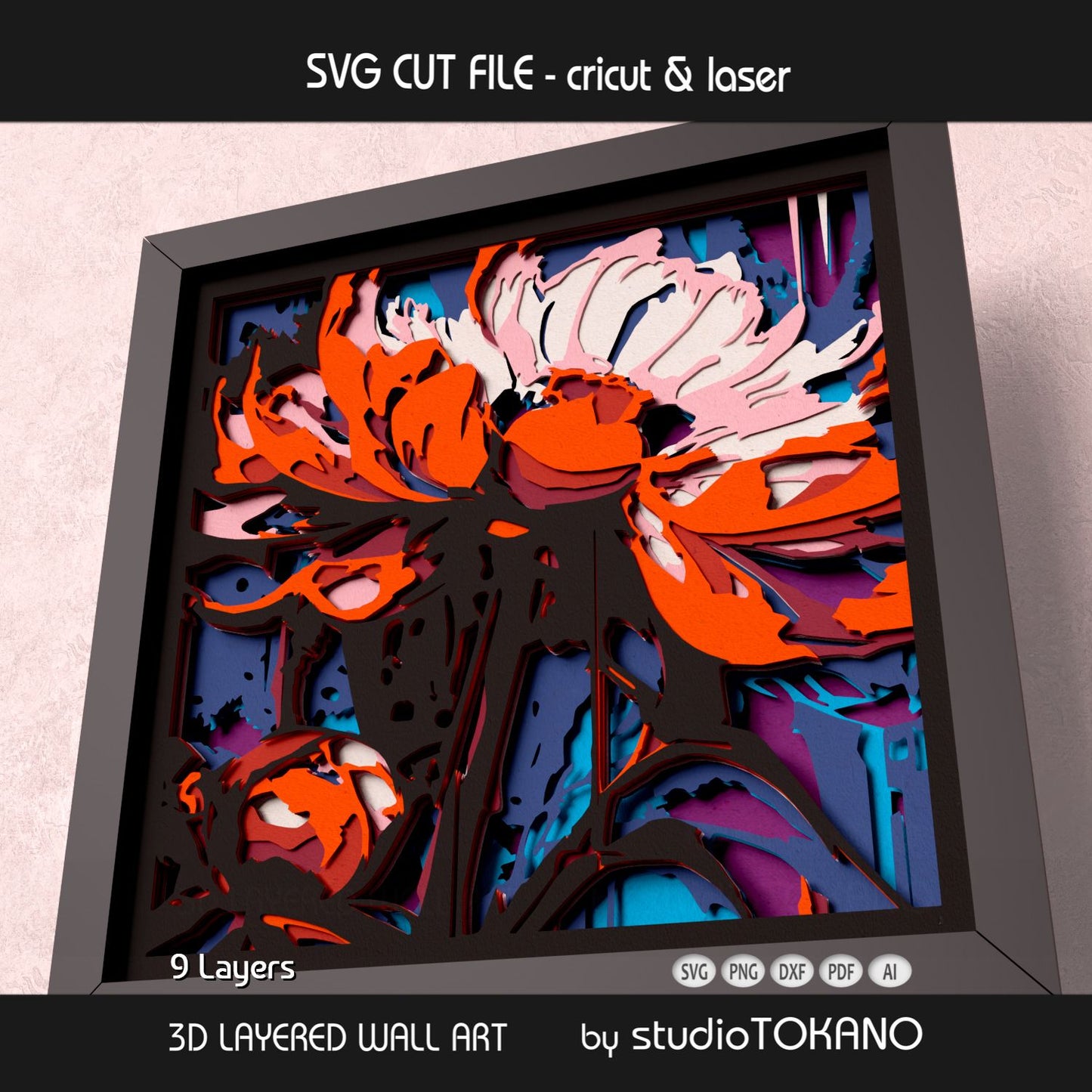 Peony 3D layered shadow box art designed as a Cricut and laser cut file for floral wall decor and paper craft projects.