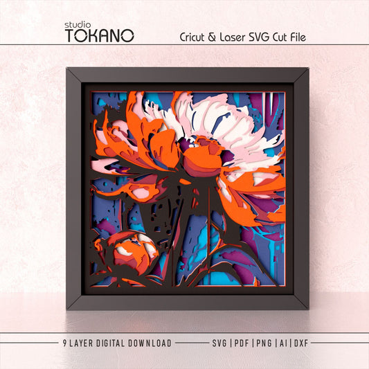 Framed peony layered wall art with Asian-inspired floral design, showing stacked cardstock layers and dimensional shadow box depth.