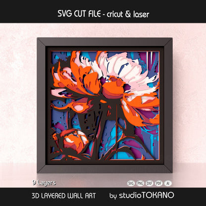 Peony papercut wall art displayed in a shadow box frame with dimensional 3D layered cardstock construction.