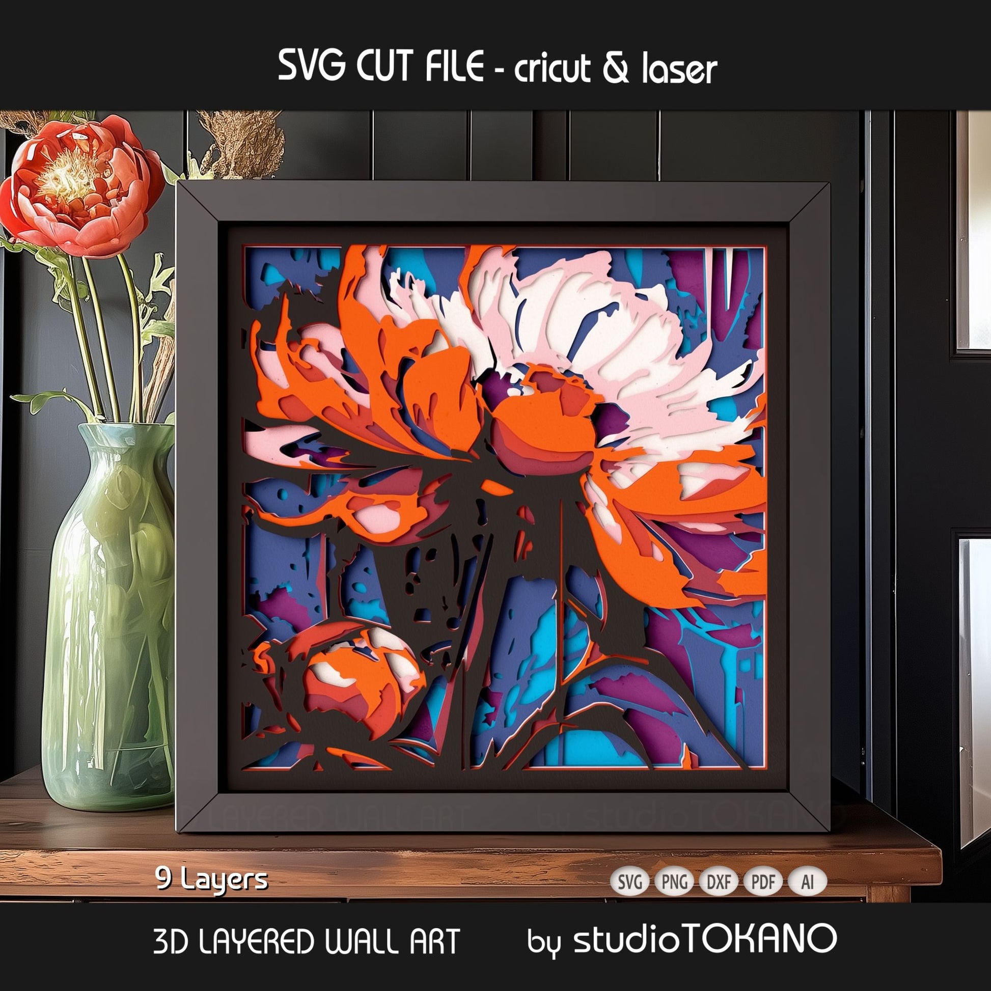 Asian-inspired peony shadow box SVG shown as finished framed wall art for flower lovers, botanical decor, and layered paper crafts.