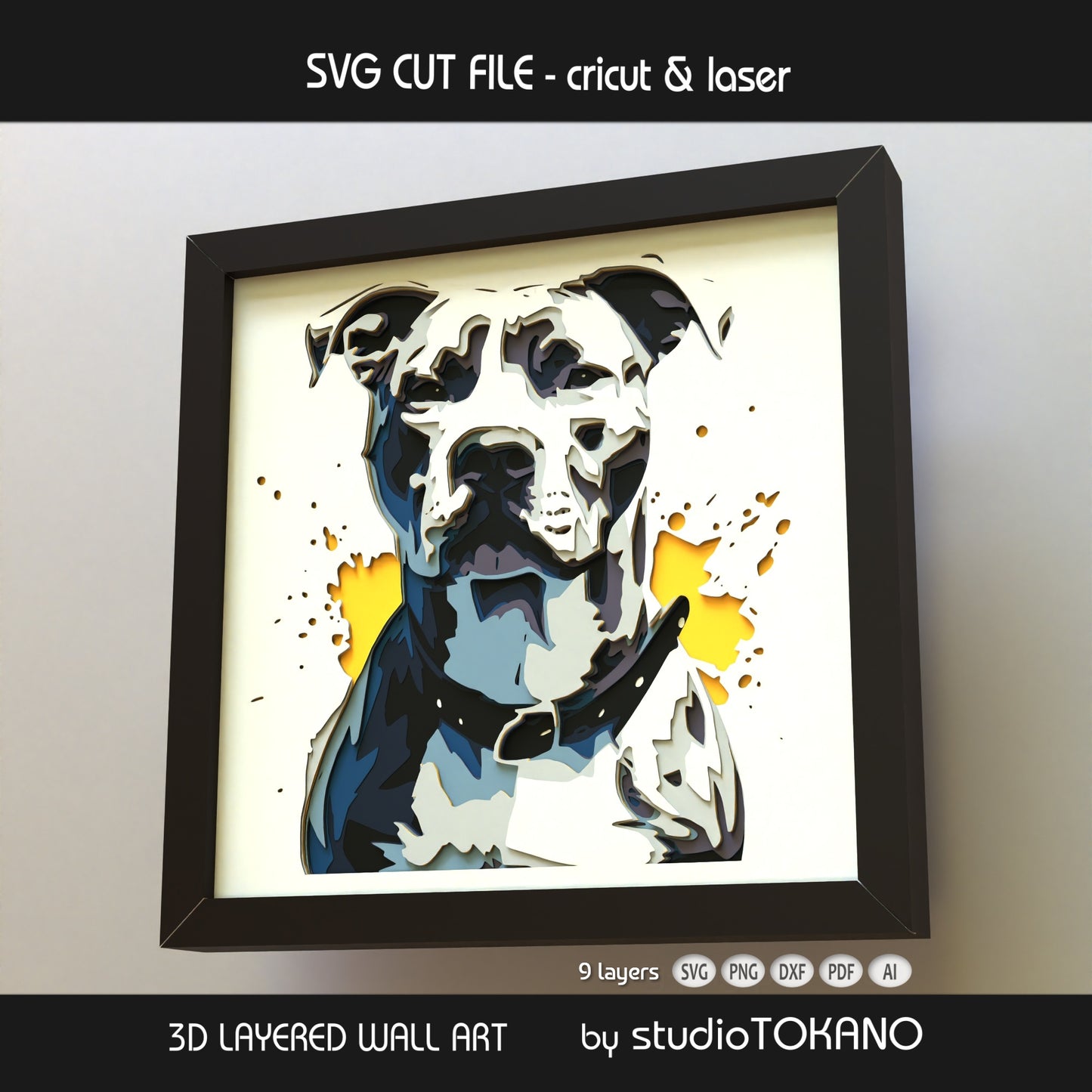 Pitbull 3D layered shadow box art designed as a Cricut and laser cut file for dog wall decor and paper craft projects.
