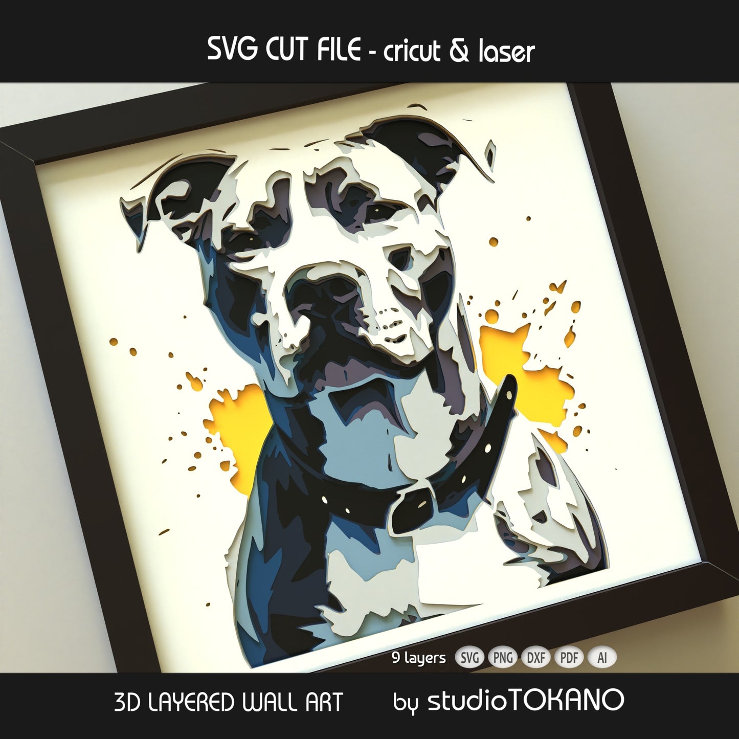 Pitbull papercut wall art displayed in a shadow box frame with dimensional 3D layered cardstock construction.