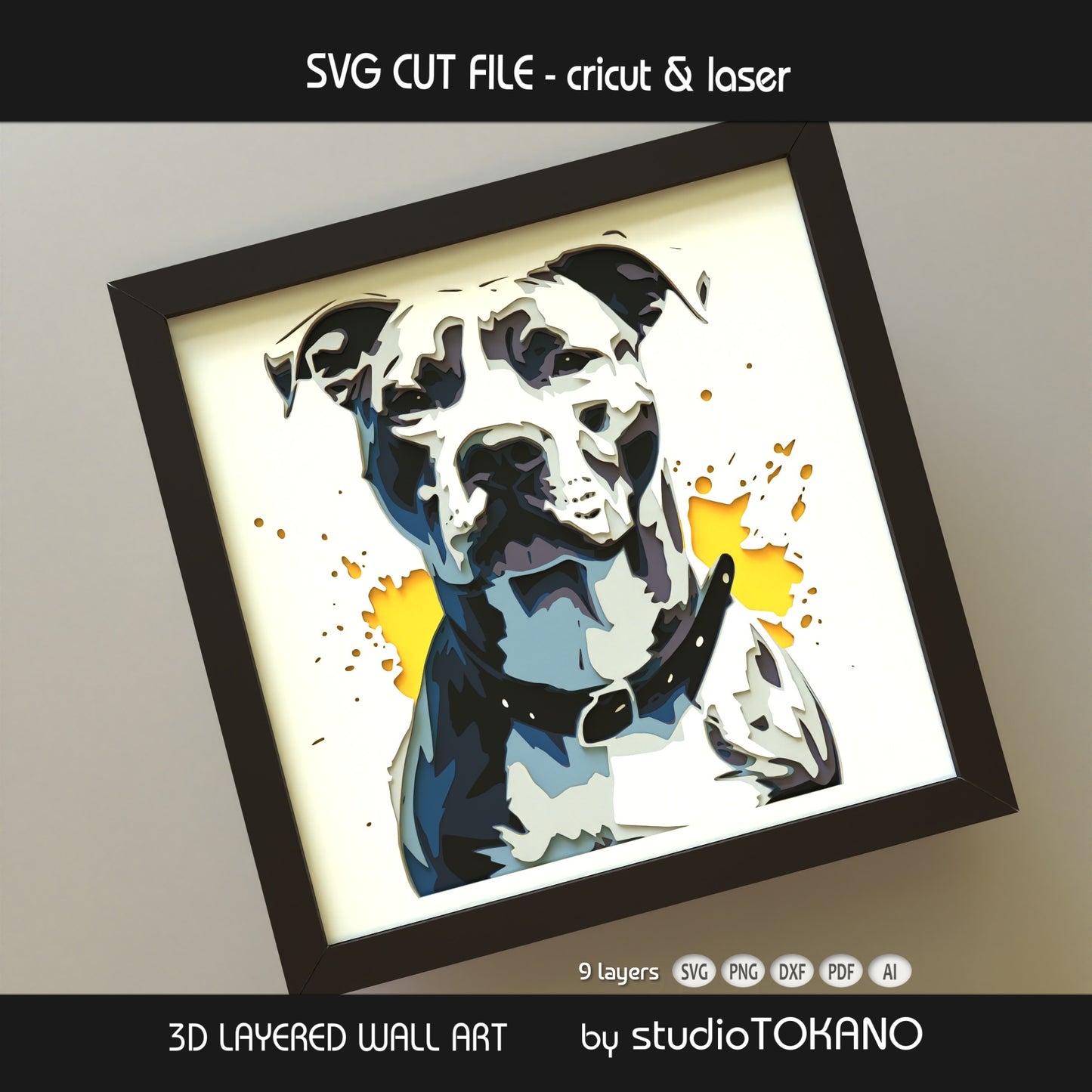 Close-up of the Pitbull layered SVG design showing facial details, stacked cardstock depth, and clean 9-layer construction.