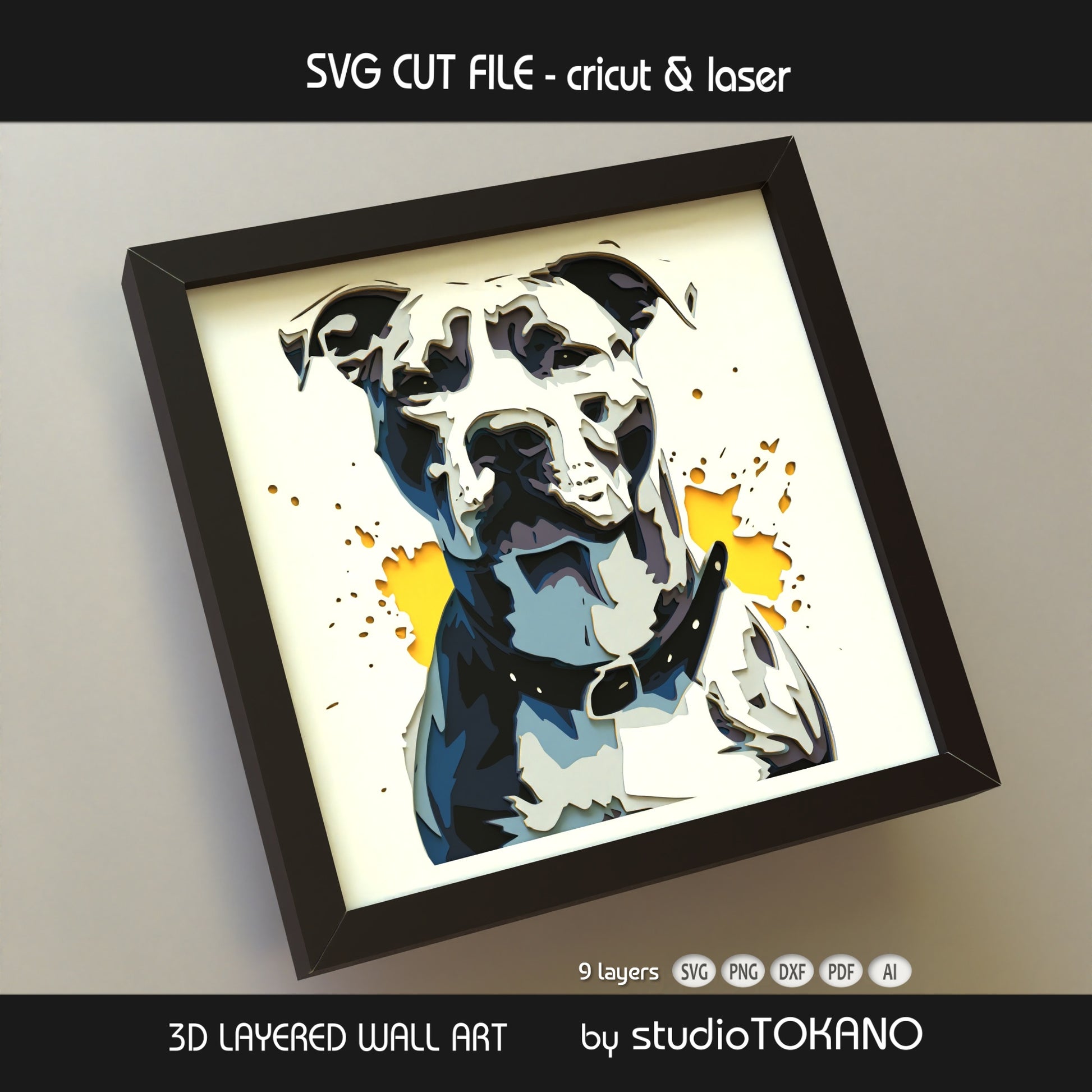 Pitbull shadow box SVG displayed as framed 9-layer dog wall art for Cricut and laser cutting.