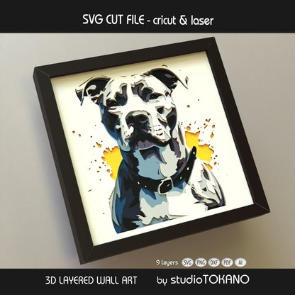 Pitbull shadow box SVG displayed as framed 9-layer dog wall art for Cricut and laser cutting.