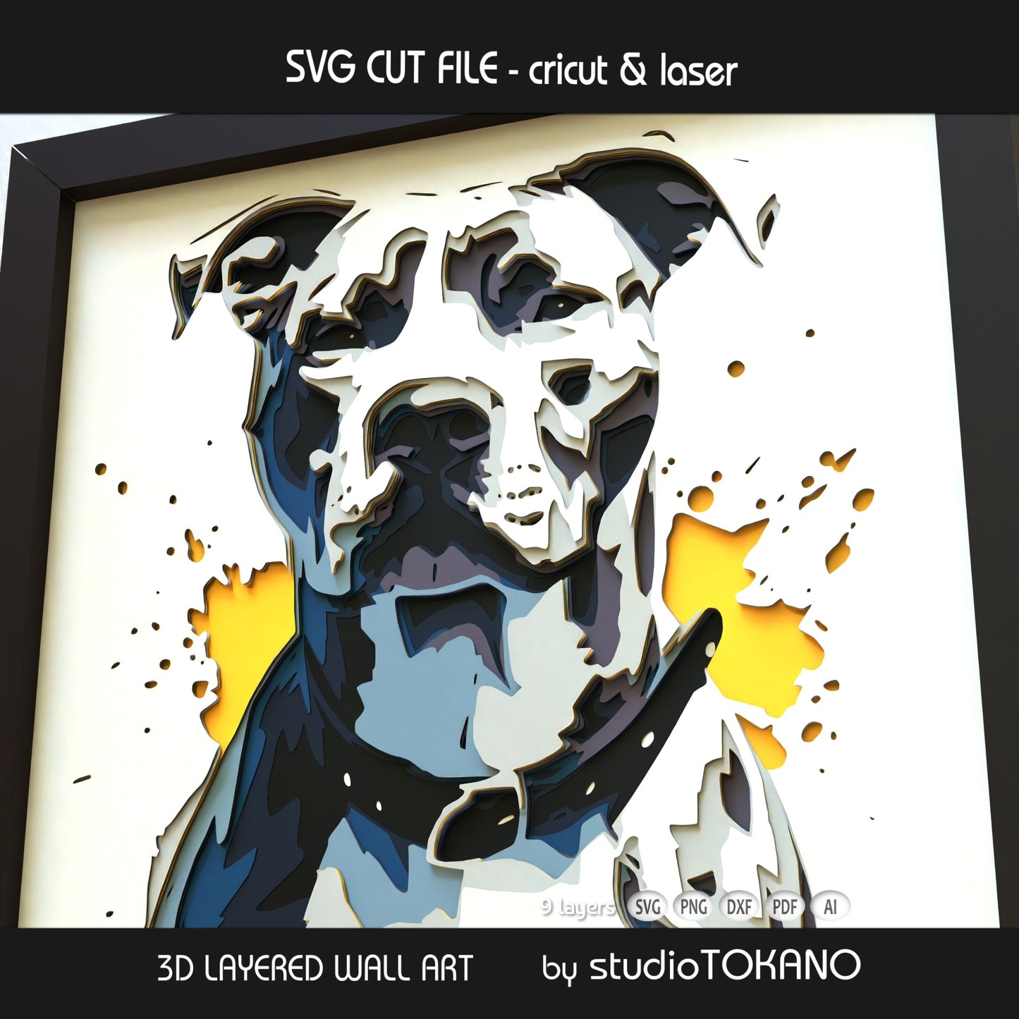 9-layer Pitbull shadow box SVG created as a Cricut, Silhouette, Glowforge, and xTool cut file.