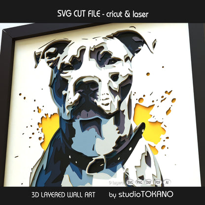 9-layer Pitbull shadow box SVG created as a Cricut, Silhouette, Glowforge, and xTool cut file.
