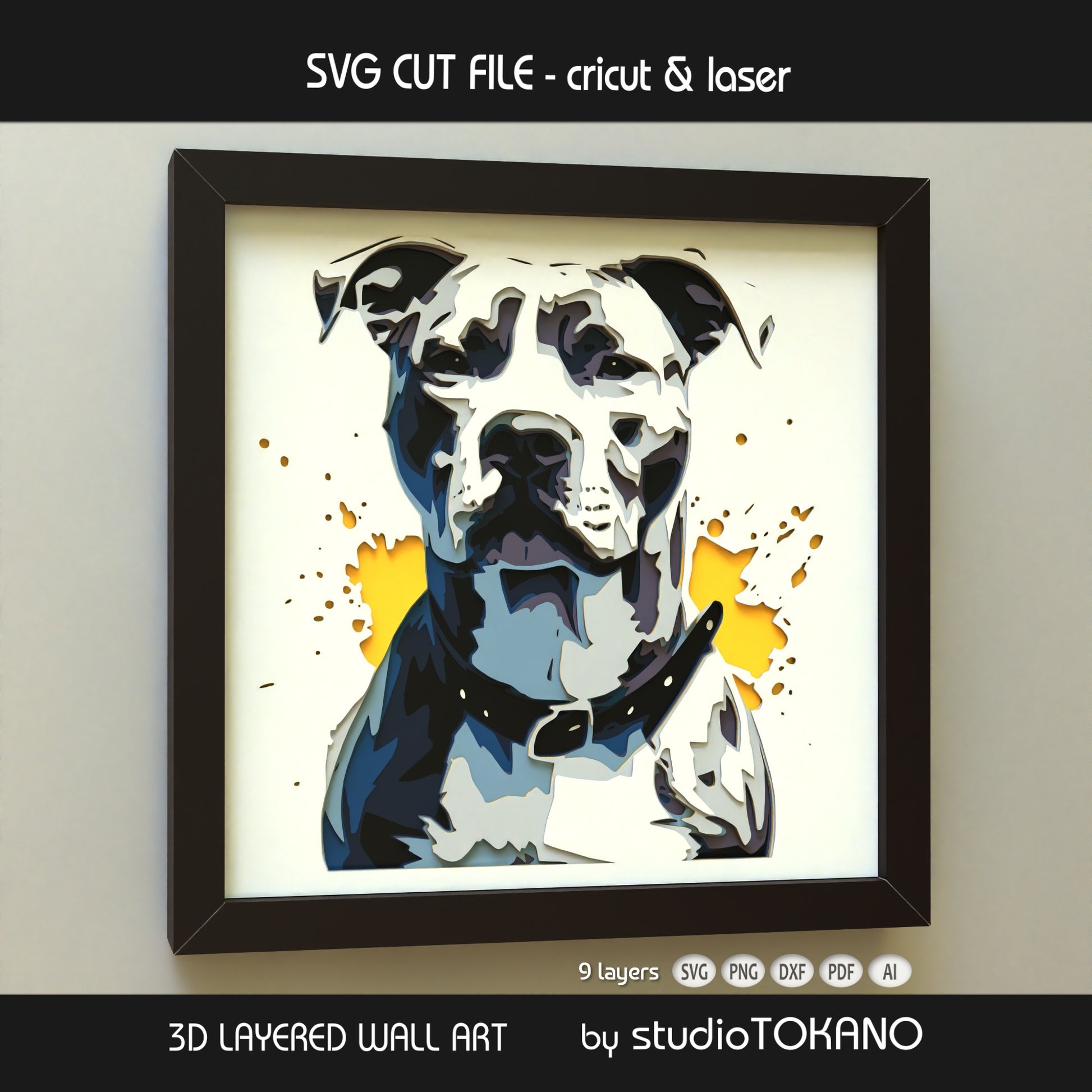 Pitbull shadow box SVG shown as finished framed wall art, perfect for dog lover gifts, pet decor, and layered paper crafts.