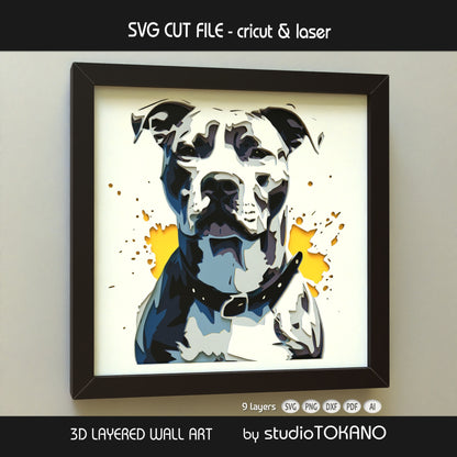 Pitbull shadow box SVG shown as finished framed wall art, perfect for dog lover gifts, pet decor, and layered paper crafts.