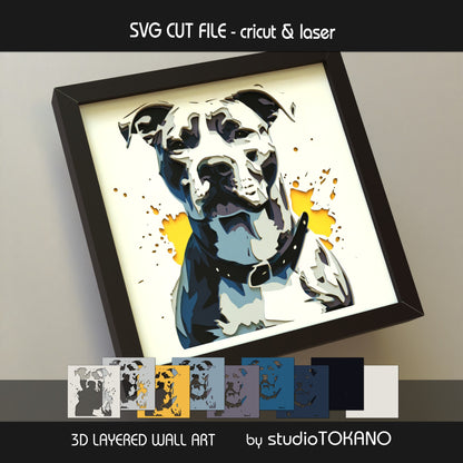 Pitbull shadow box SVG layer guide showing the separate papercut layers and color arrangement for Cricut and laser cut assembly.