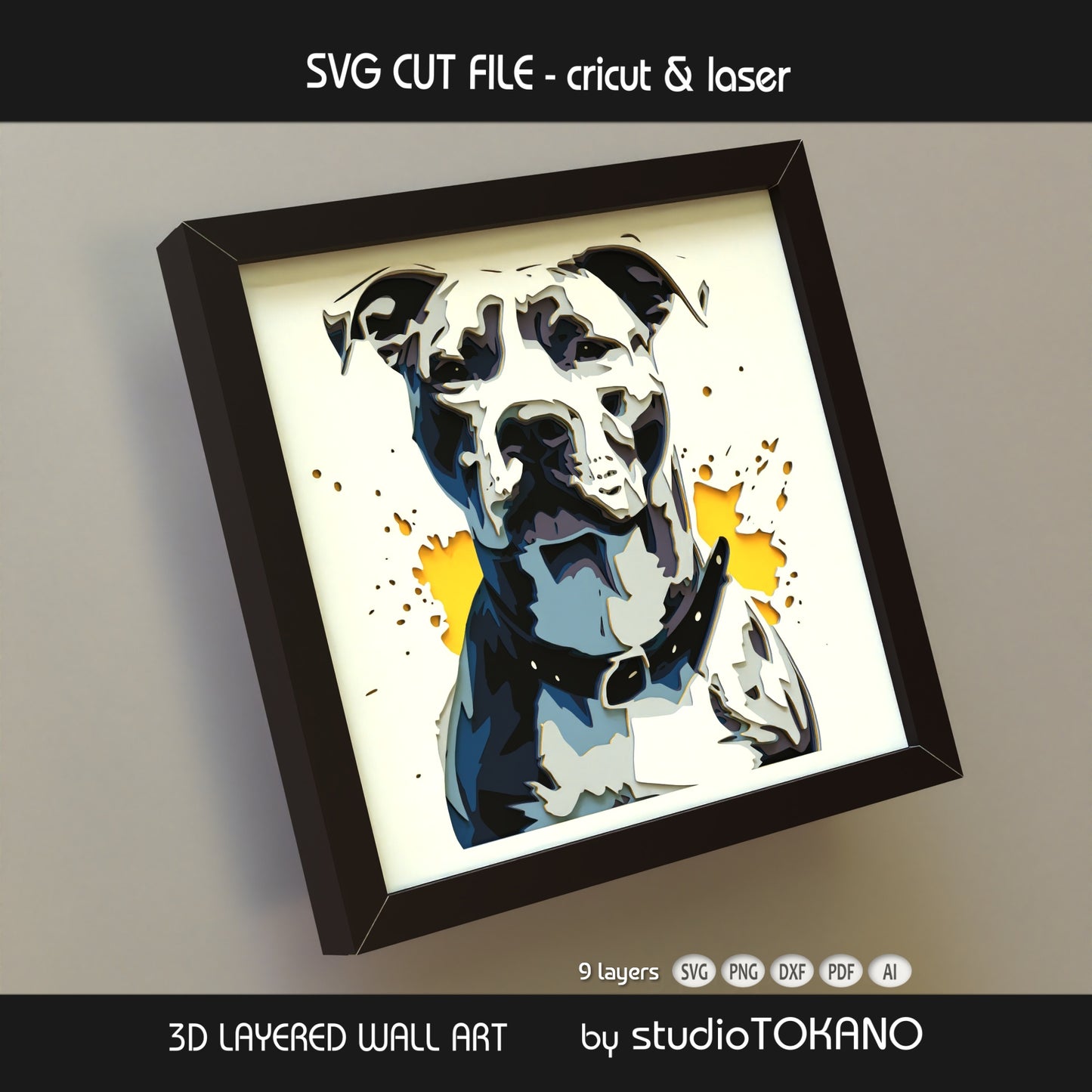 Side-angle view of the Pitbull shadow box SVG showing clean cut edges, dimensional cardstock layers, and bold dog portrait detail.