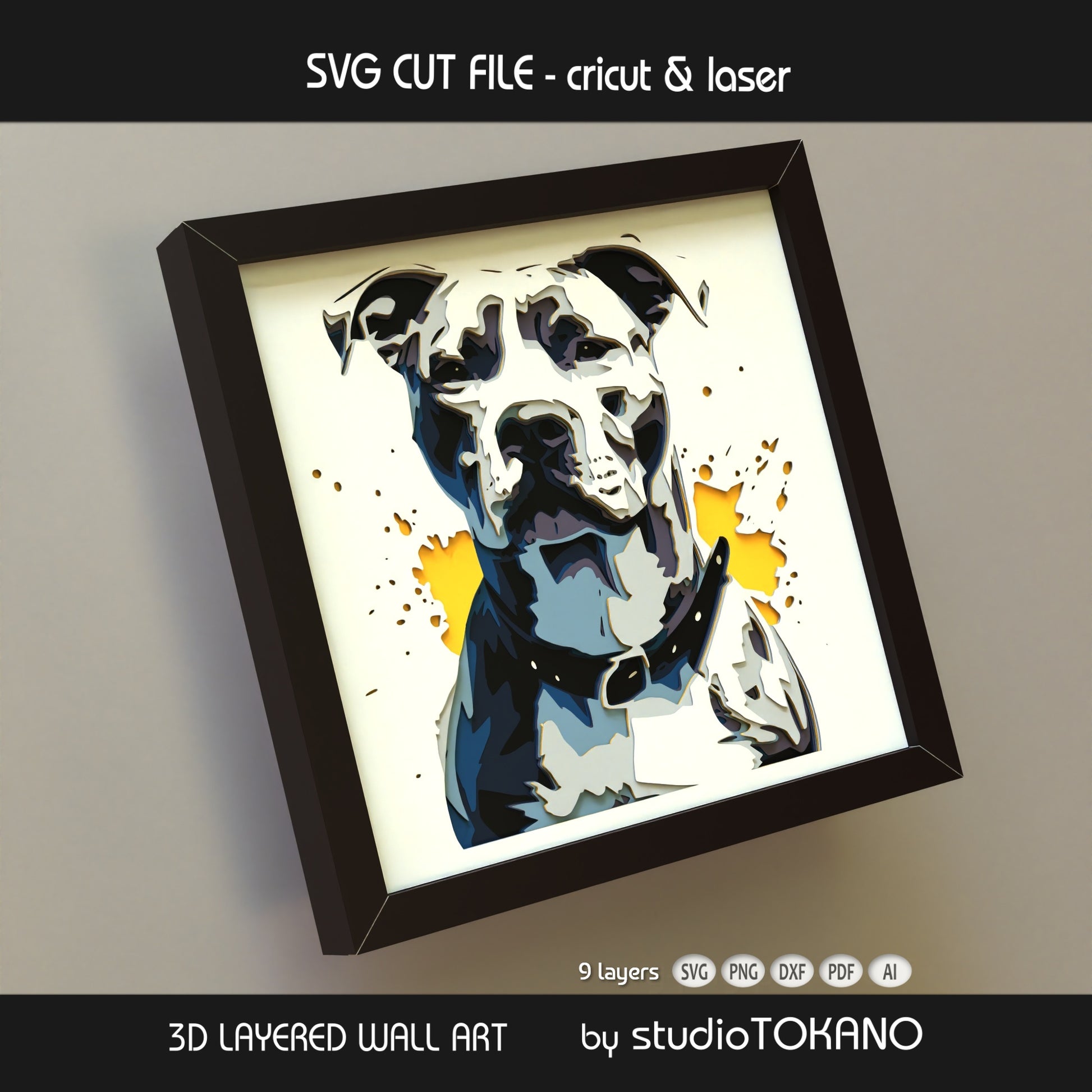 Side-angle view of the Pitbull shadow box SVG showing clean cut edges, dimensional cardstock layers, and bold dog portrait detail.