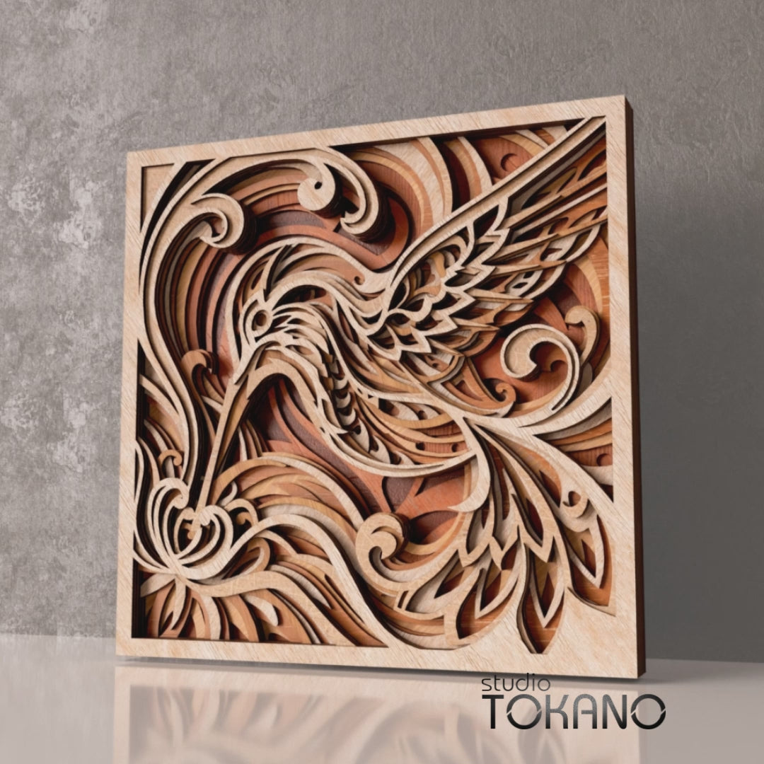 Hummingbird multilayer wood art SVG designed for laser cutting at a recommended size of 295mm x 295mm or 11.5 x 11.5 inches.
