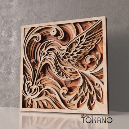 Hummingbird multilayer wood art SVG designed for laser cutting at a recommended size of 295mm x 295mm or 11.5 x 11.5 inches.