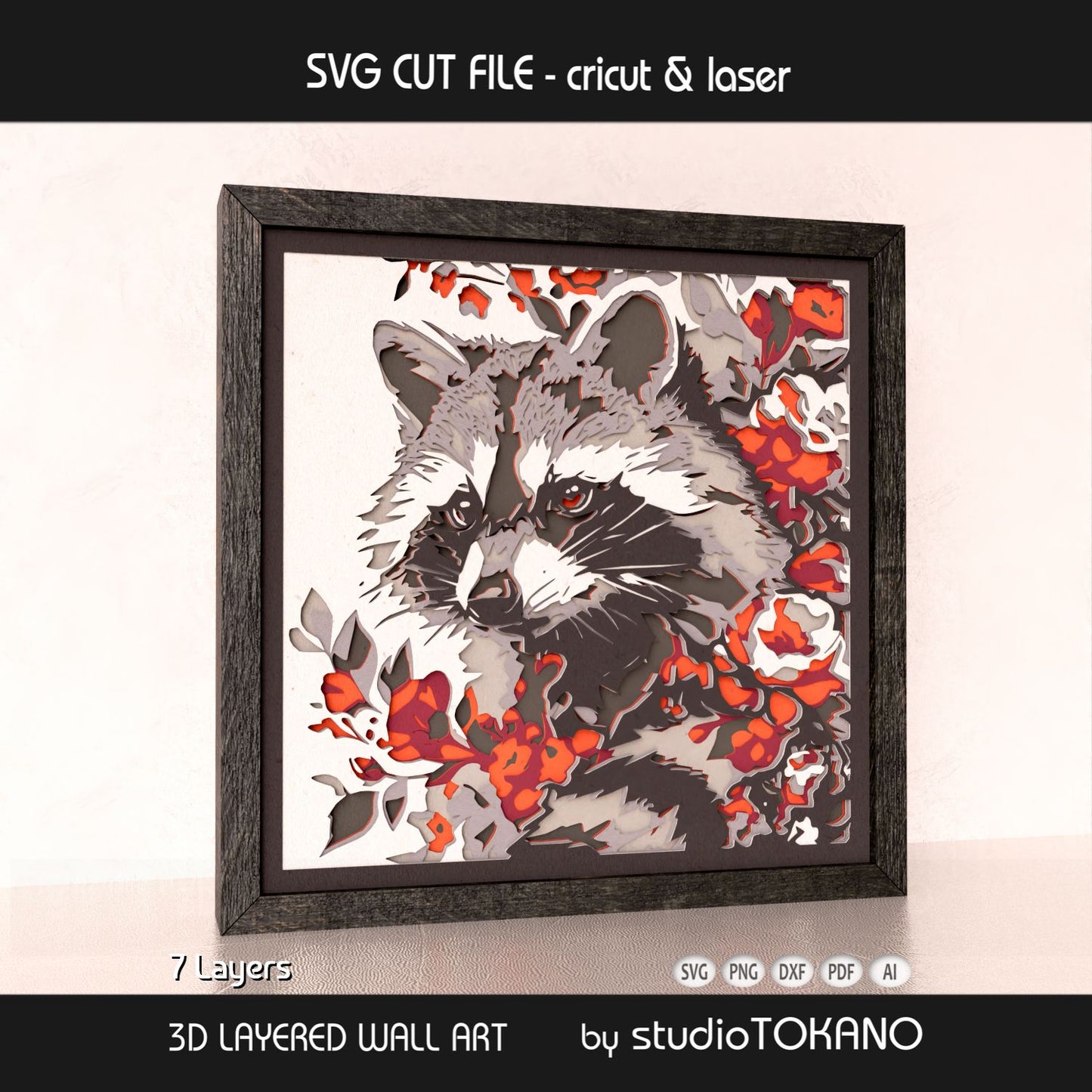 Raccoon 3D layered shadow box art designed as a Cricut and laser cut file for woodland decor and paper craft projects.
