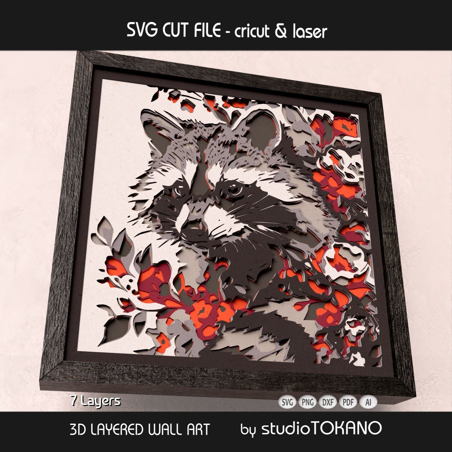 Side-angle view of the raccoon shadow box SVG showing clean cut edges, cardstock depth, and layered forest animal artwork.