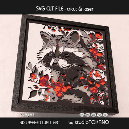 Side-angle view of the raccoon shadow box SVG showing clean cut edges, cardstock depth, and layered forest animal artwork.