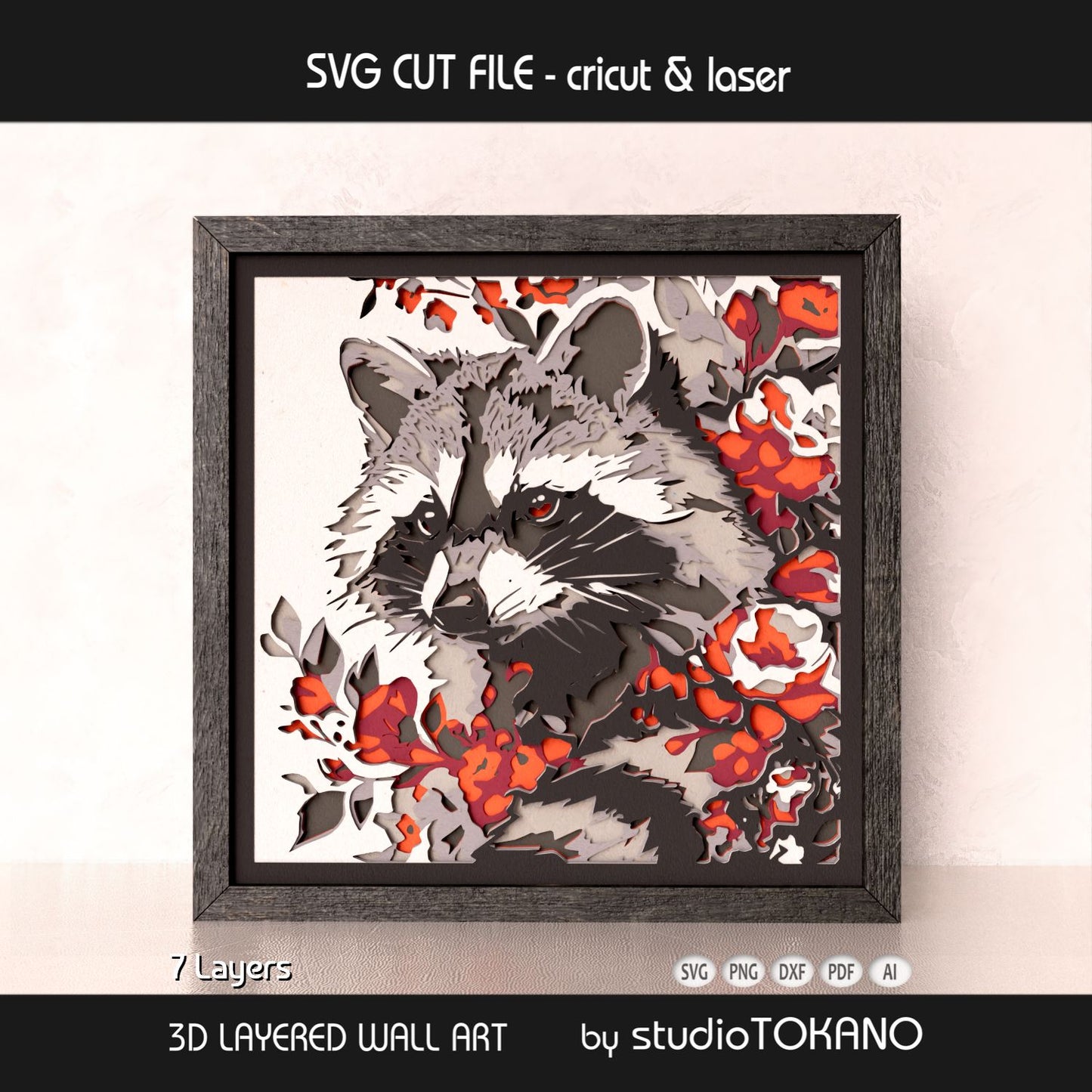 Raccoon shadow box SVG shown as cozy forest animal wall art, perfect for woodland decor, nursery decor, and handmade gifts.