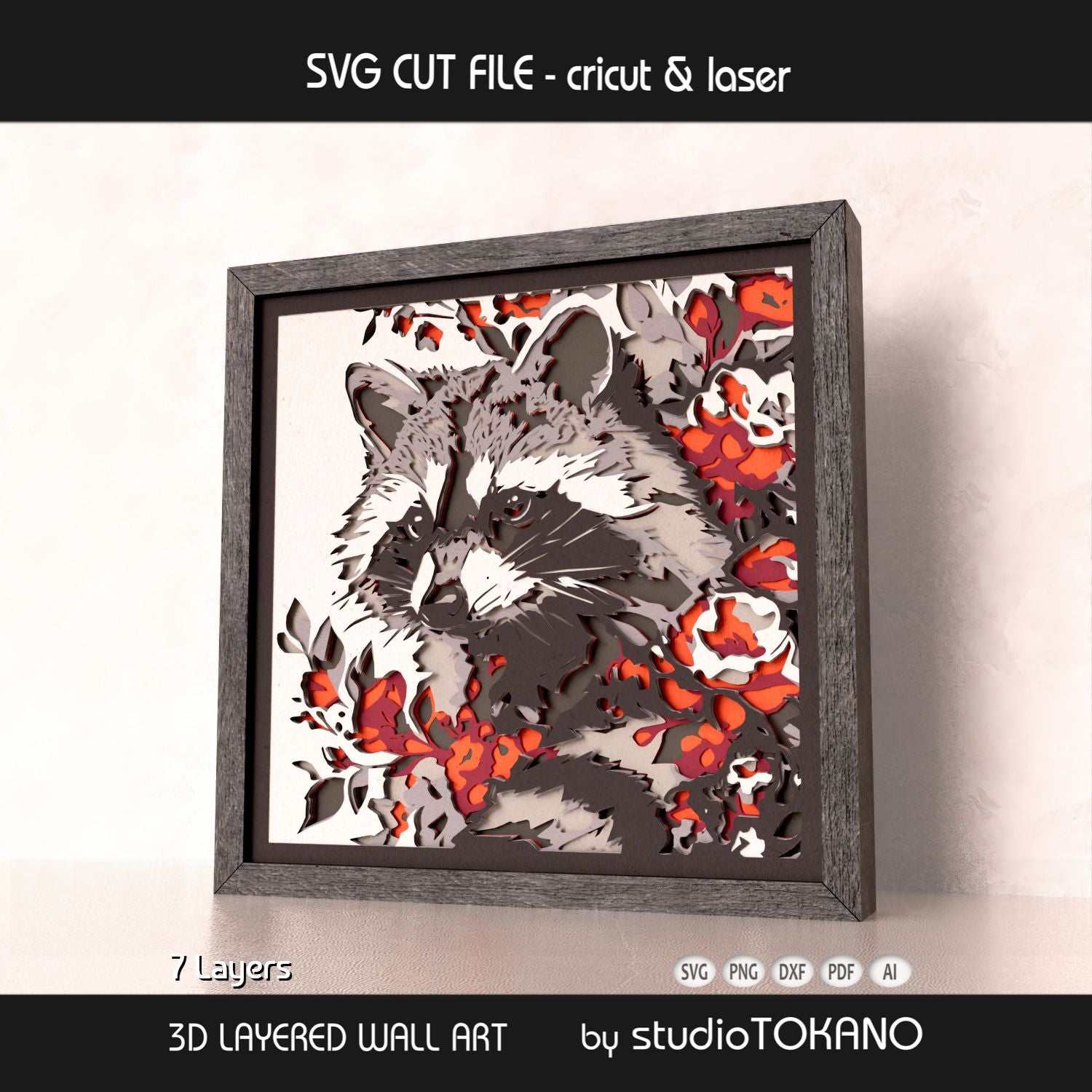Raccoon shadow box SVG displayed as framed 7-layer woodland animal wall art for Cricut and laser cutting.